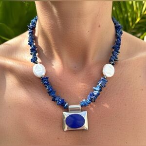 Vintage Lapis chips Sterling Silver pendant mother of Pearl Hematite necklace